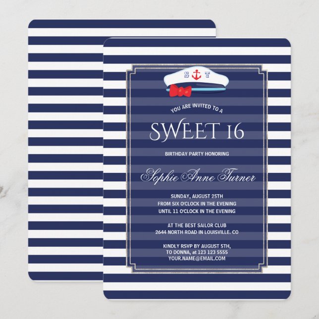 Chic Nautical Navy Stripes Silver Sweet 16 Party Invitation (Front/Back)