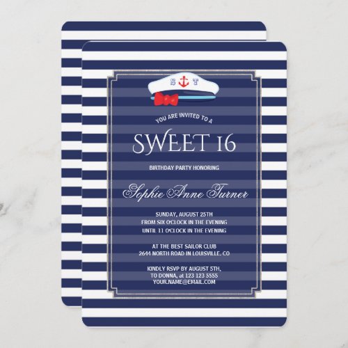 Chic Nautical Navy Stripes Silver Sweet 16 Party Invitation