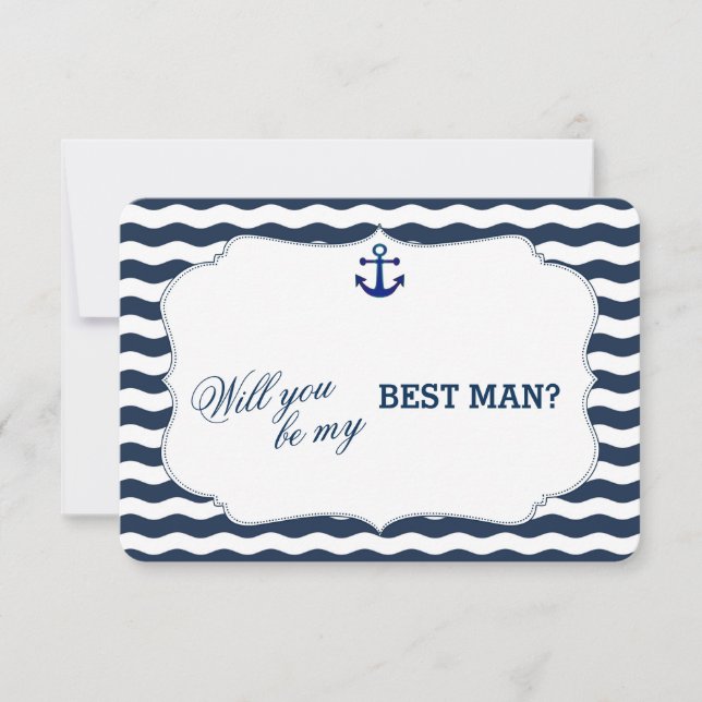 Chic Nautical Navy Waves Anchor BE MY BEST MAN Invitation (Front)