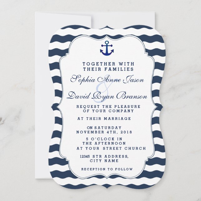 Chic Nautical Navy Waves Anchor Wedding Invite (Front)