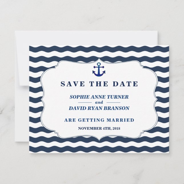 Chic Nautical Navy Waves Anchor Wedding Save The Date (Front)