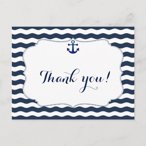 Chic Nautical Navy Waves Wedding Thank You Postcard