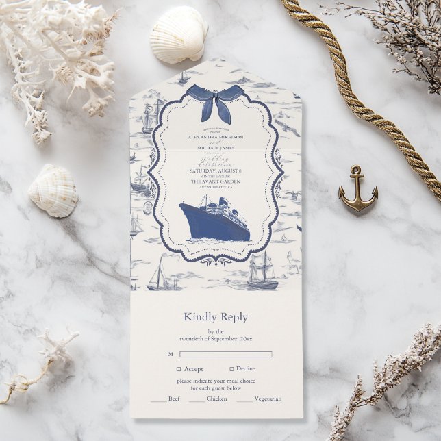 Chic Nautical Toile de Jouy Bow Wedding All In One Invitation (Creator Uploaded)