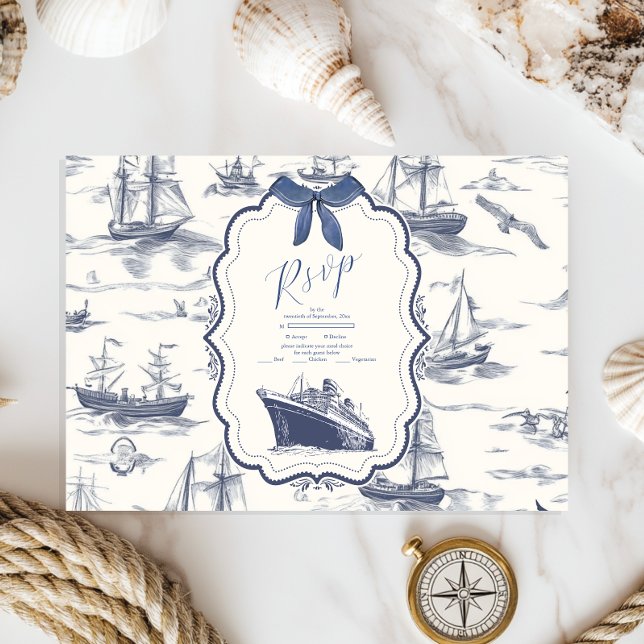 Chic Nautical Toile de Jouy Bow Wedding RSVP Card (Creator Uploaded)