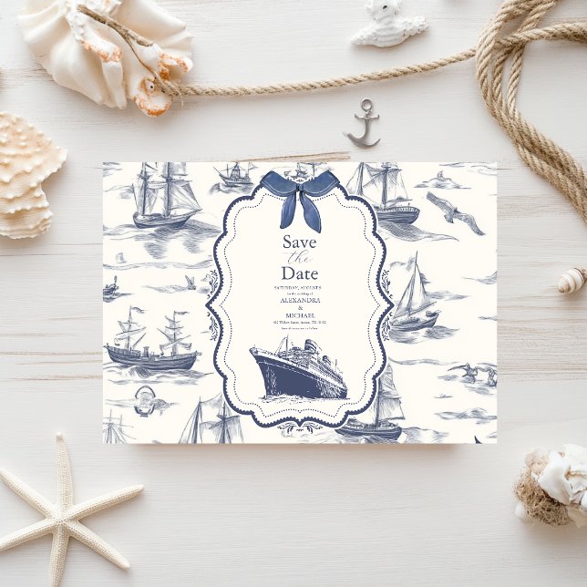 Chic Nautical Toile de Jouy Bow Wedding Save The Date (Creator Uploaded)