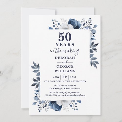 Chic Navy 50th Wedding Anniversary Monogram Invitation