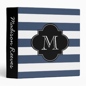 Chic Navy And Black Striped Custom Monogram 3 Ring Binder by cardeddesigns at Zazzle