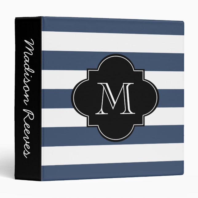 Chic Navy and Black Striped Custom Monogram 3 Ring Binder (Front/Spine)