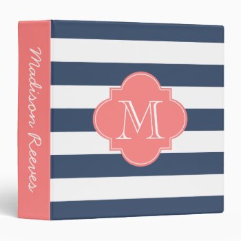 Chic Navy And Coral Striped Custom Monogram Binder by cardeddesigns at Zazzle
