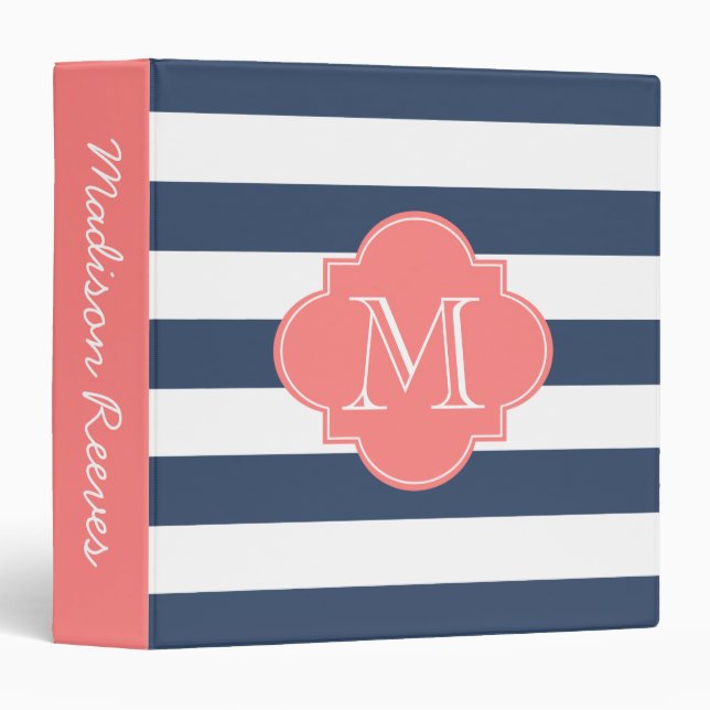 Chic Navy and Coral Striped Custom Monogram Binder (Front/Spine)