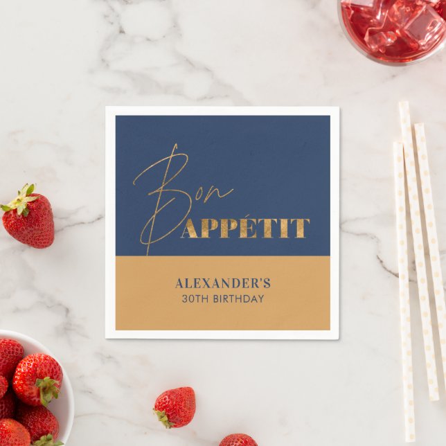 Chic Navy and Gold Bon Appétit Script Birthday  Napkins (Insitu)