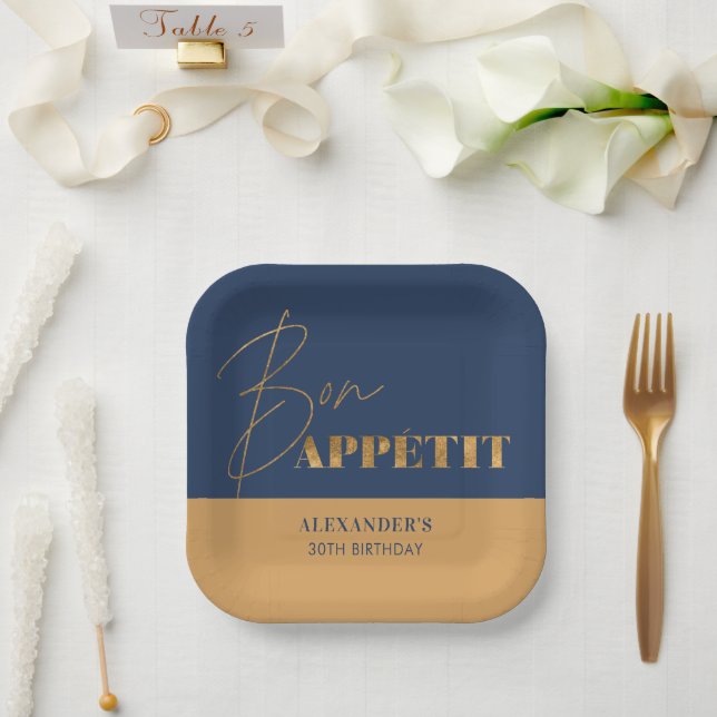 Chic Navy and Gold Bon Appétit Script Birthday  Paper Plates (Wedding)