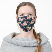Chic Navy And Pink Elegant Floral Rose Pattern Adult Cloth Face Mask (Worn)