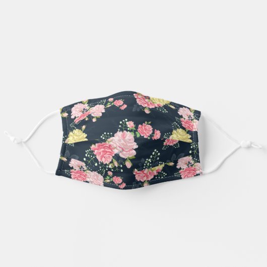 Chic Navy And Pink Elegant Floral Rose Pattern Adult Cloth Face Mask (Front, Unfolded)