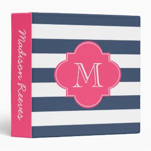 Chic Navy and Pink Striped Custom Monogram 3 Ring Binder