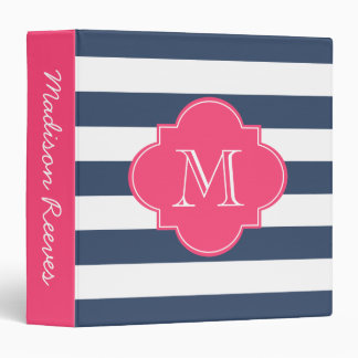Chic Navy and Pink Striped Custom Monogram 3 Ring Binder