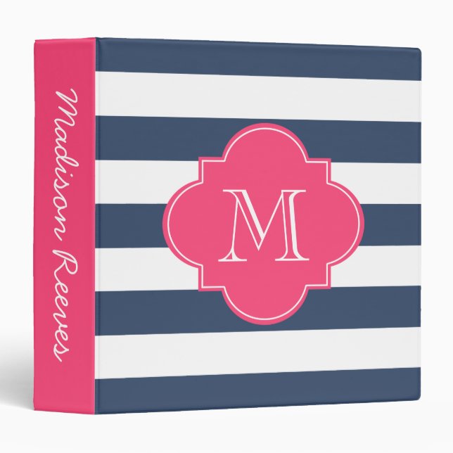 Chic Navy and Pink Striped Custom Monogram 3 Ring Binder (Front/Spine)