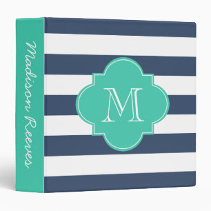 Chic Navy and Turquoise Striped Custom Monogram 3 Ring Binder