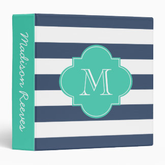 Chic Navy and Turquoise Striped Custom Monogram 3 Ring Binder