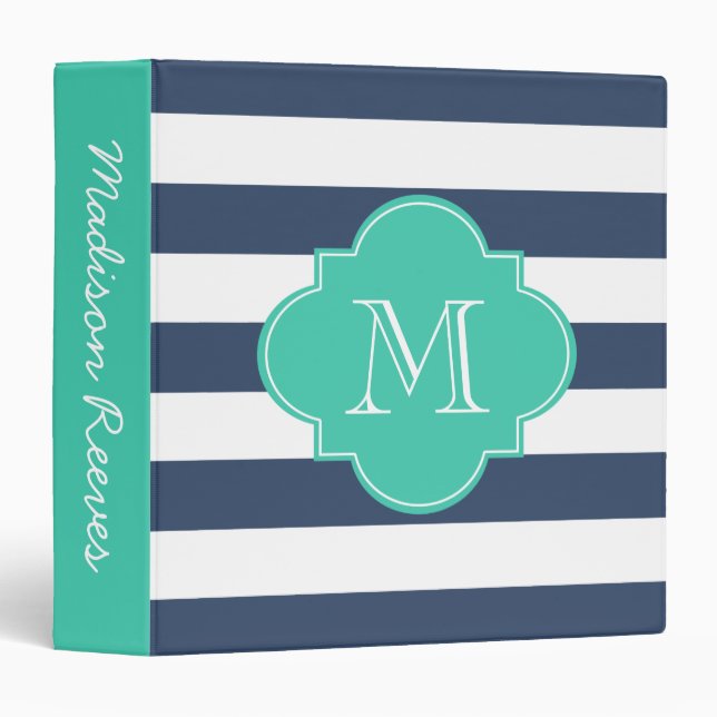 Chic Navy and Turquoise Striped Custom Monogram 3 Ring Binder (Front/Spine)