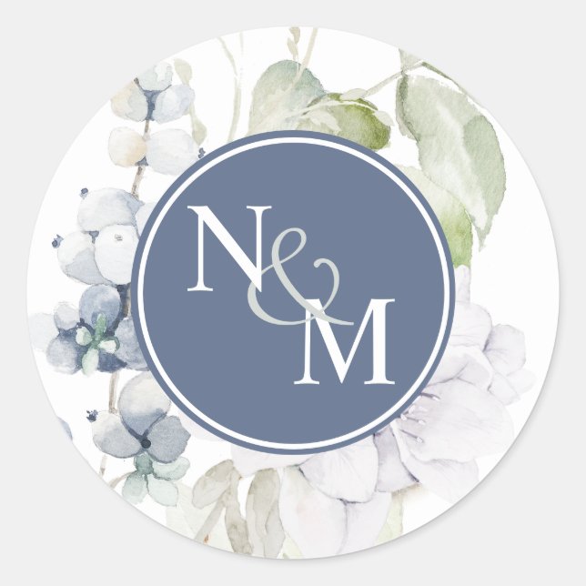Chic Navy and White Floral Monogram Envelope Seal (Front)