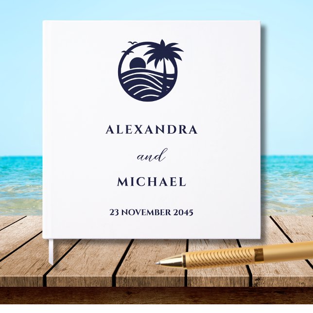Chic Navy and White Palm Tree Coastal Wedding Guest Book (Creator Uploaded)