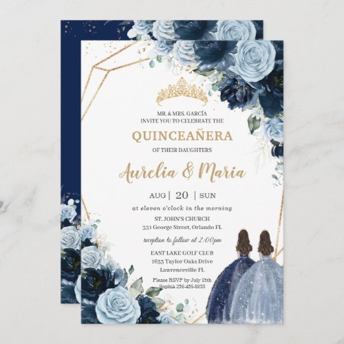 Chic Navy Baby Blue Floral Girls Twins Quinceaera Invitation