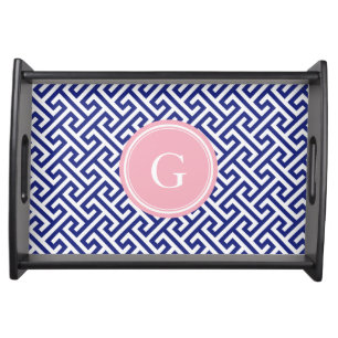 Chic navy blue abstract geometric pattern monogram serving tray