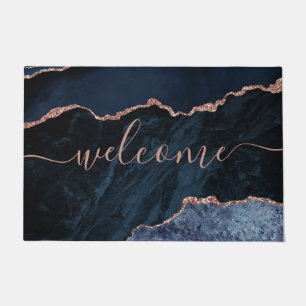 Chic Navy Blue Agate Rose Gold Glitter Welcome Doormat