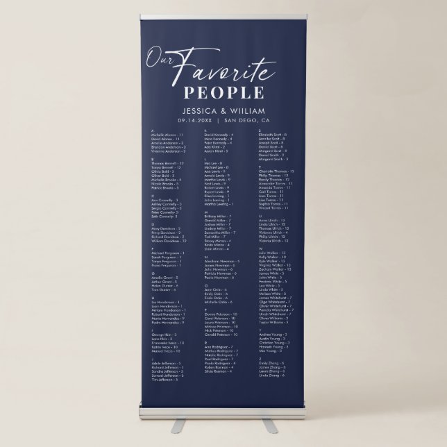 Chic Navy Blue Alphabetical Wedding Seating Chart Retractable Banner (Front)