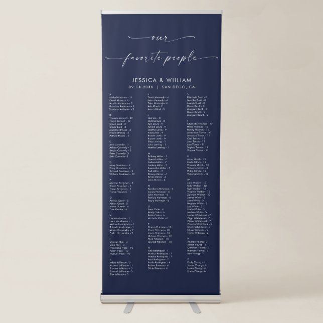 Chic Navy Blue Alphabetical Wedding Seating Chart Retractable Banner (Front)