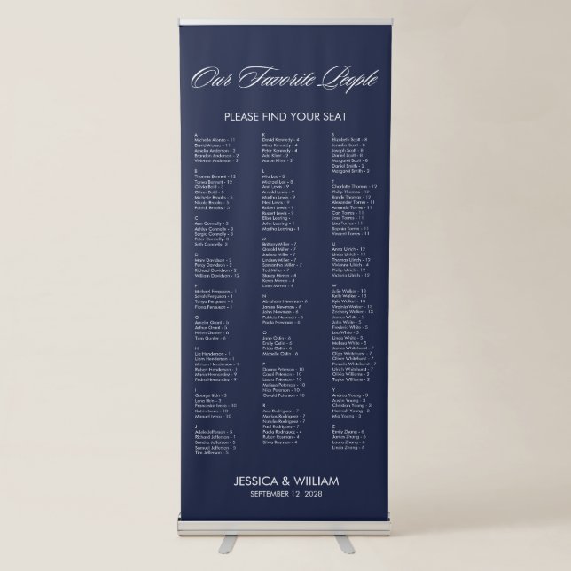 Chic Navy Blue Alphabetical Wedding Seating Chart Retractable Banner (Front)