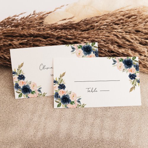 Chic Navy Blue and Blush Pink Floral Wedding Flat Place Card