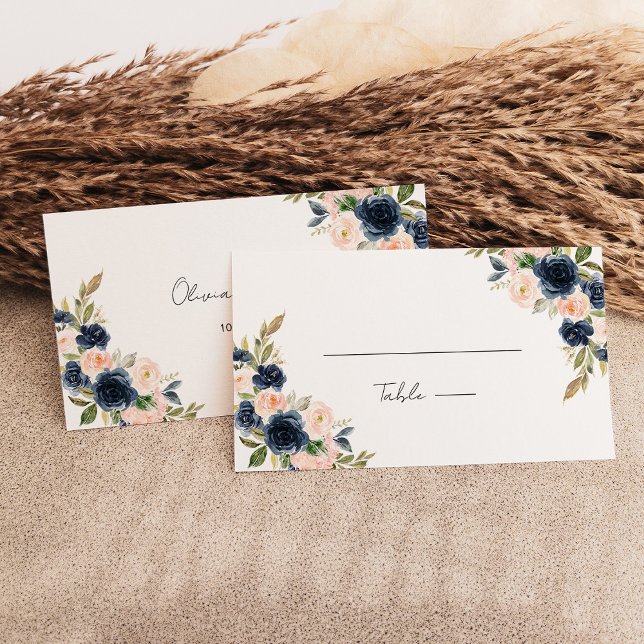 Chic Navy Blue and Blush Pink Floral Wedding Flat Place Card (Chic Navy Blue and Blush Pink Floral Wedding Flat Place Card)