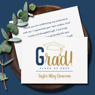 Chic Navy Blue and Gold Grad Cap Graduation Note Card