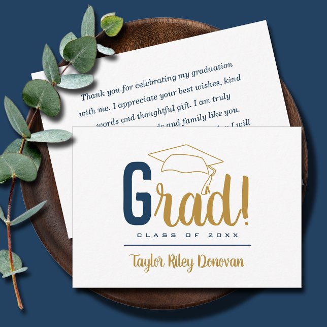 Chic Navy Blue and Gold Grad Cap Graduation Note Card (3.5" x 5" navy blue and gold Grad and graduation cap flat note cards, your message on the back)