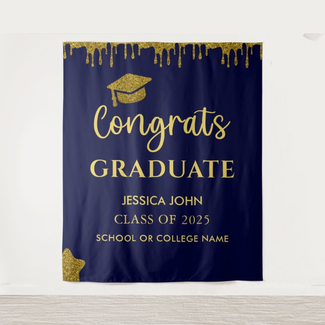 Chic Navy Blue And Gold Graduation Photo Backdrop (Front)