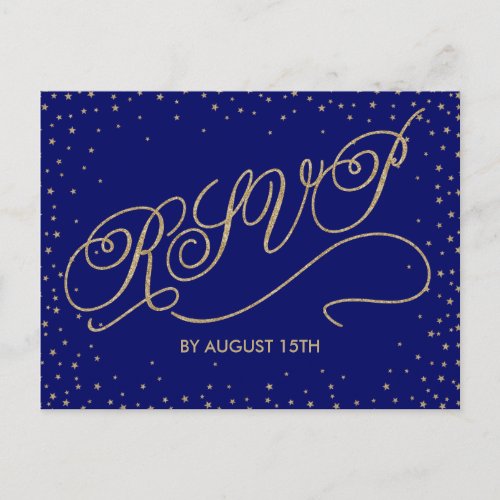 Chic Navy Blue and Gold Stars RSVP Postcard