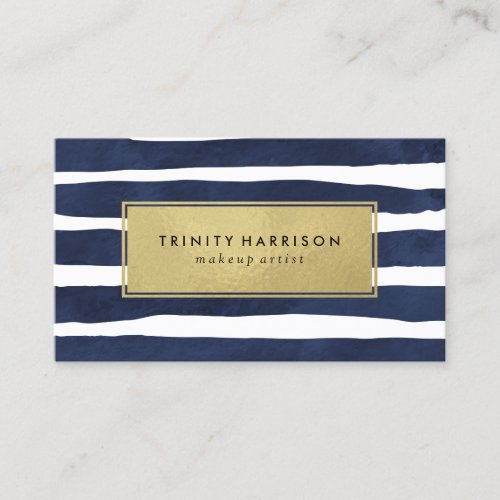 Chic Navy Blue and Gold Striped Business Card