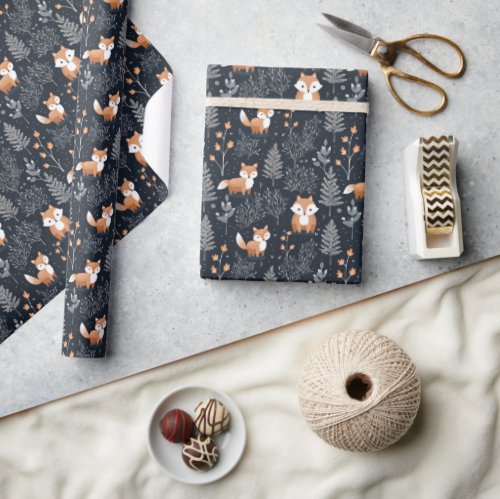 Chic navy blue and orange woodland animals fox wrapping paper