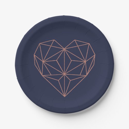 Chic Navy Blue and Rose Gold Foil Geometric Heart Paper Plates