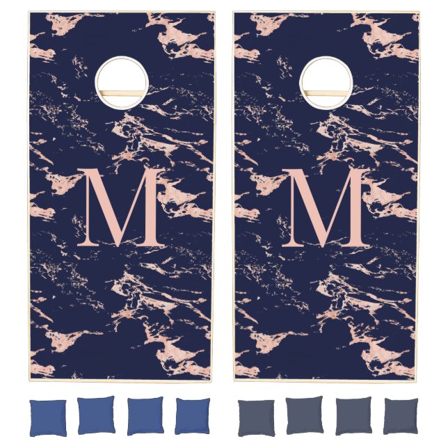 Chic Navy Blue and Rose Gold Foil Marble Monogram Cornhole Set (Set)
