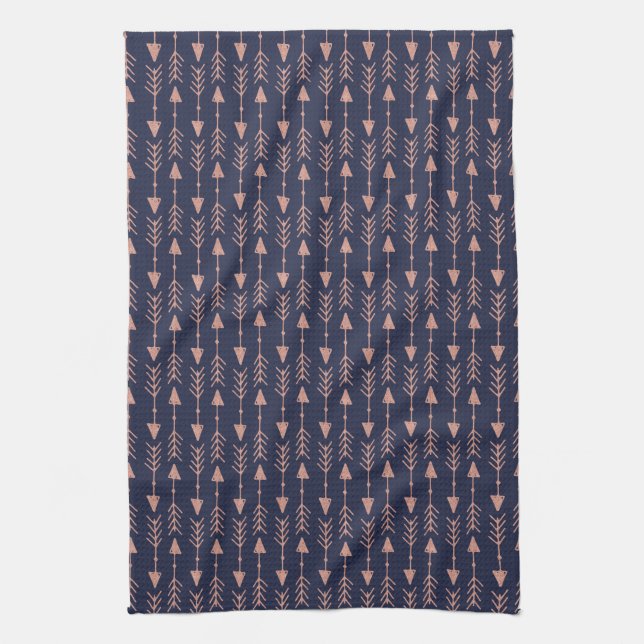 Chic Navy Blue and Rose Gold Foil Tribal Arrows Kitchen Towel (Vertical)
