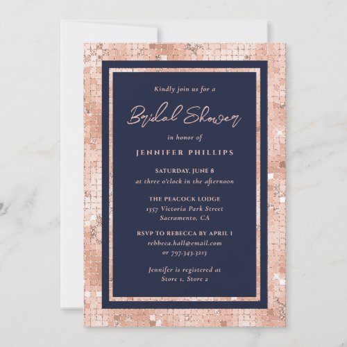 Chic Navy Blue and Rose Gold Glitter Bridal Shower Invitation