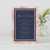 Chic Navy Blue and Rose Gold Glitter Bridal Shower Invitation (Standing Front)