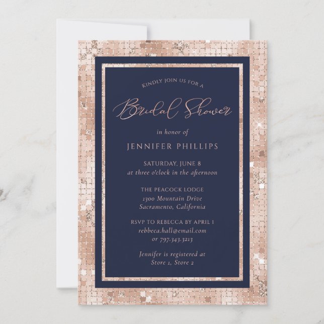 Chic Navy Blue and Rose Gold Glitter Bridal Shower Invitation (Front)