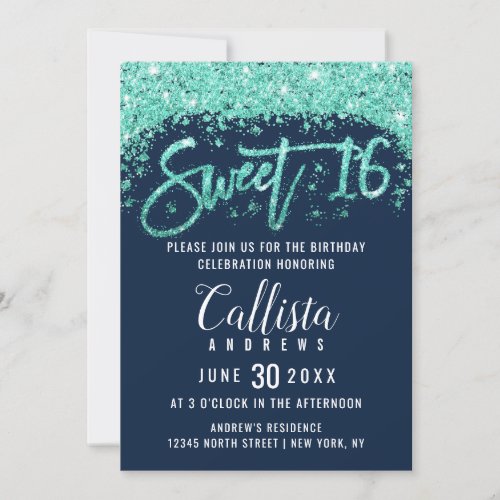 Chic Navy Blue and Turquoise Glitter Dust Sweet 16 Invitation