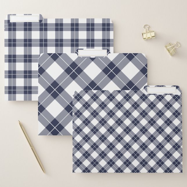 Chic Navy Blue and White Plaid Pattern File Folder (Set)