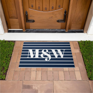 Chic navy blue and white stripes custom monogram  doormat
