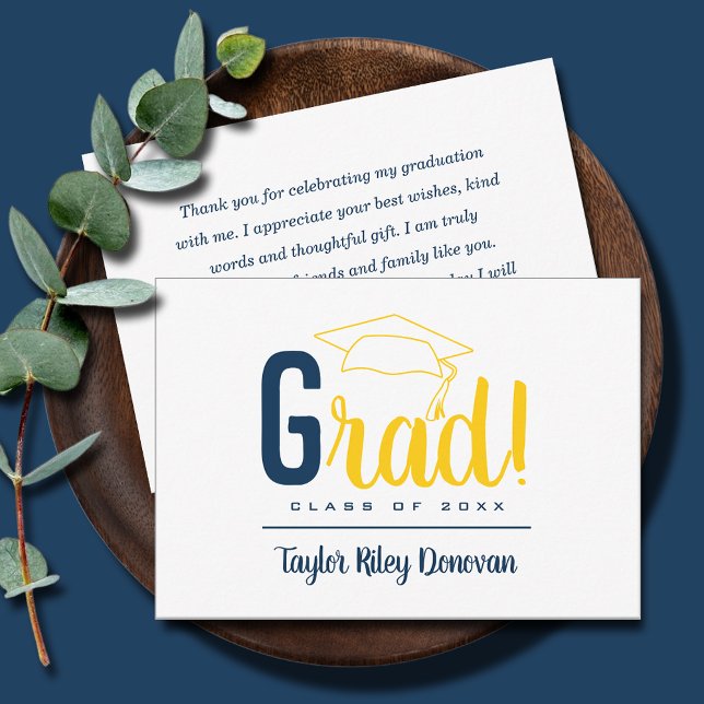 Chic Navy Blue and Yellow Grad Cap Graduation Note Card (3.5" x 5" navy blue and yellow Grad and graduation cap flat note cards, your message on the back)